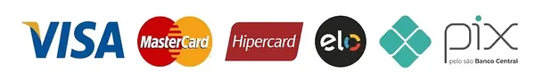 Formas de pagamento aceitas: Visa, Mastercard, Hipercard, Elo e Pix
